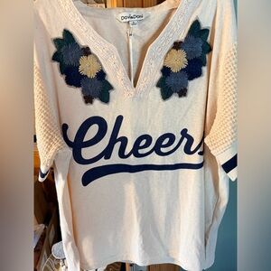 Davi & Dani Cream Floral Embroidered Tee